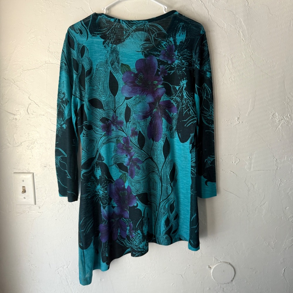 Cactus Teal Floral Rhinestone Detail Long Sleeve‎ Asymmetrical Top Boho Artsy L - Picture 6 of 8